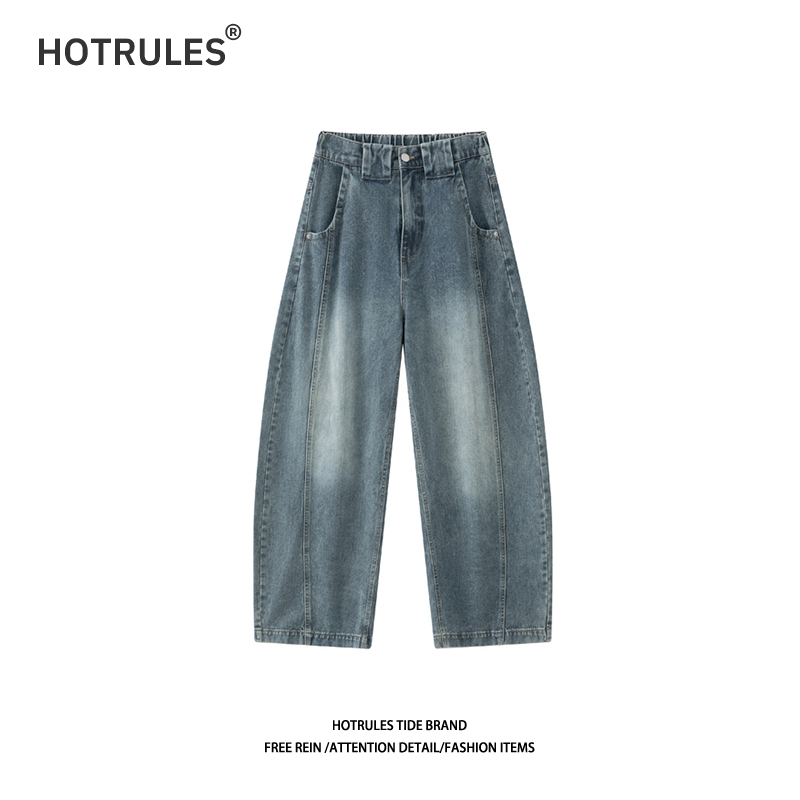 HOTRULES美式复古做旧明线秋冬弯刀裤宽松阔型水洗牛仔裤男女同款