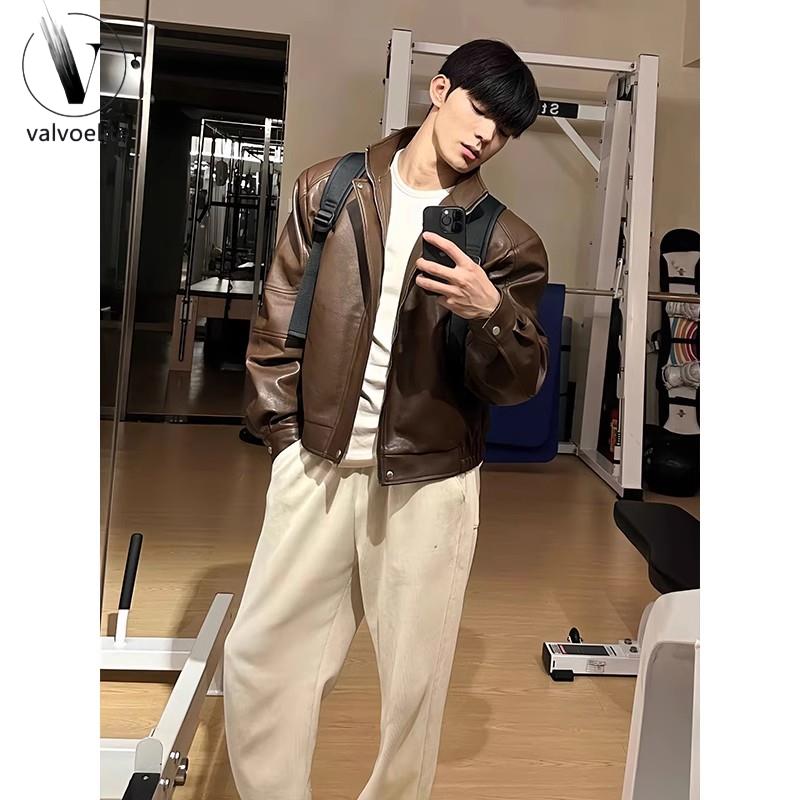美拉德咖色皮衣外套男韩系穿搭早秋上衣设计感男式美男款拉链皮衣