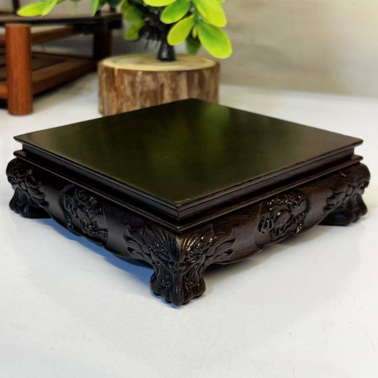 黑檀木浮雕正方虎脚底座中式工艺家用方底座尺寸13*13*4.5