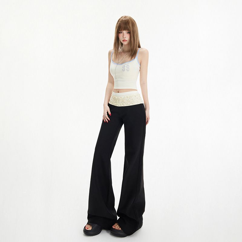 春夏ins风辣妹低腰芭蕾花边显瘦拼接喇叭裤百搭垂感微喇休闲裤女