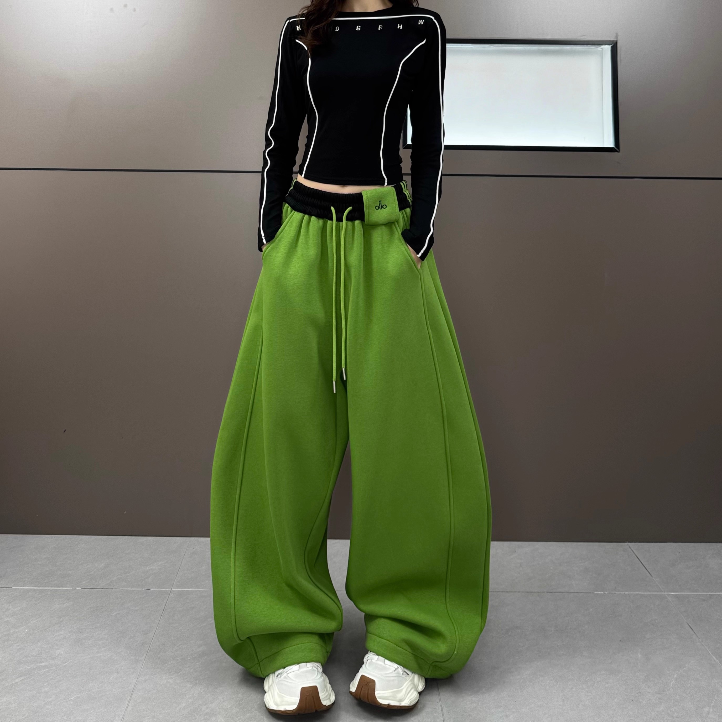 时尚百搭拼色腰头休闲拖地裤女2025秋冬新款宽松显瘦高腰阔腿长裤