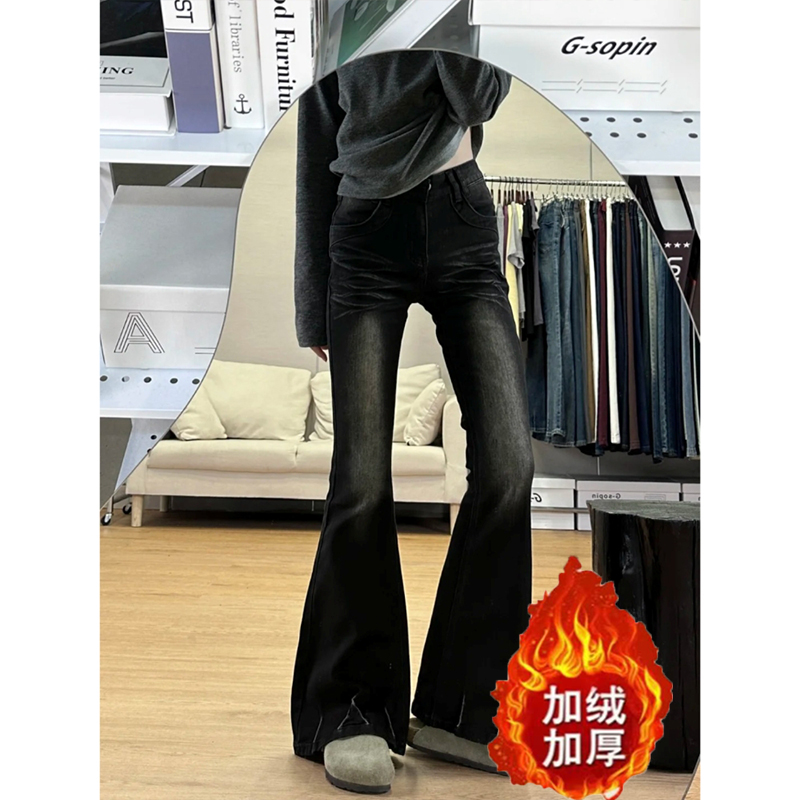 美式复古设计感百搭牛仔裤女2025冬季新款辣妹加绒加厚显瘦微喇裤