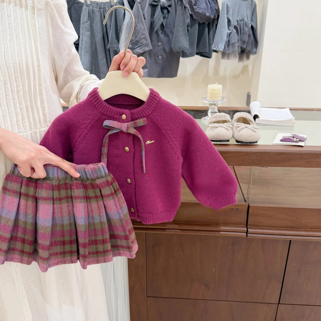 女童秋冬套装针织毛衣开衫外套格子半身裙