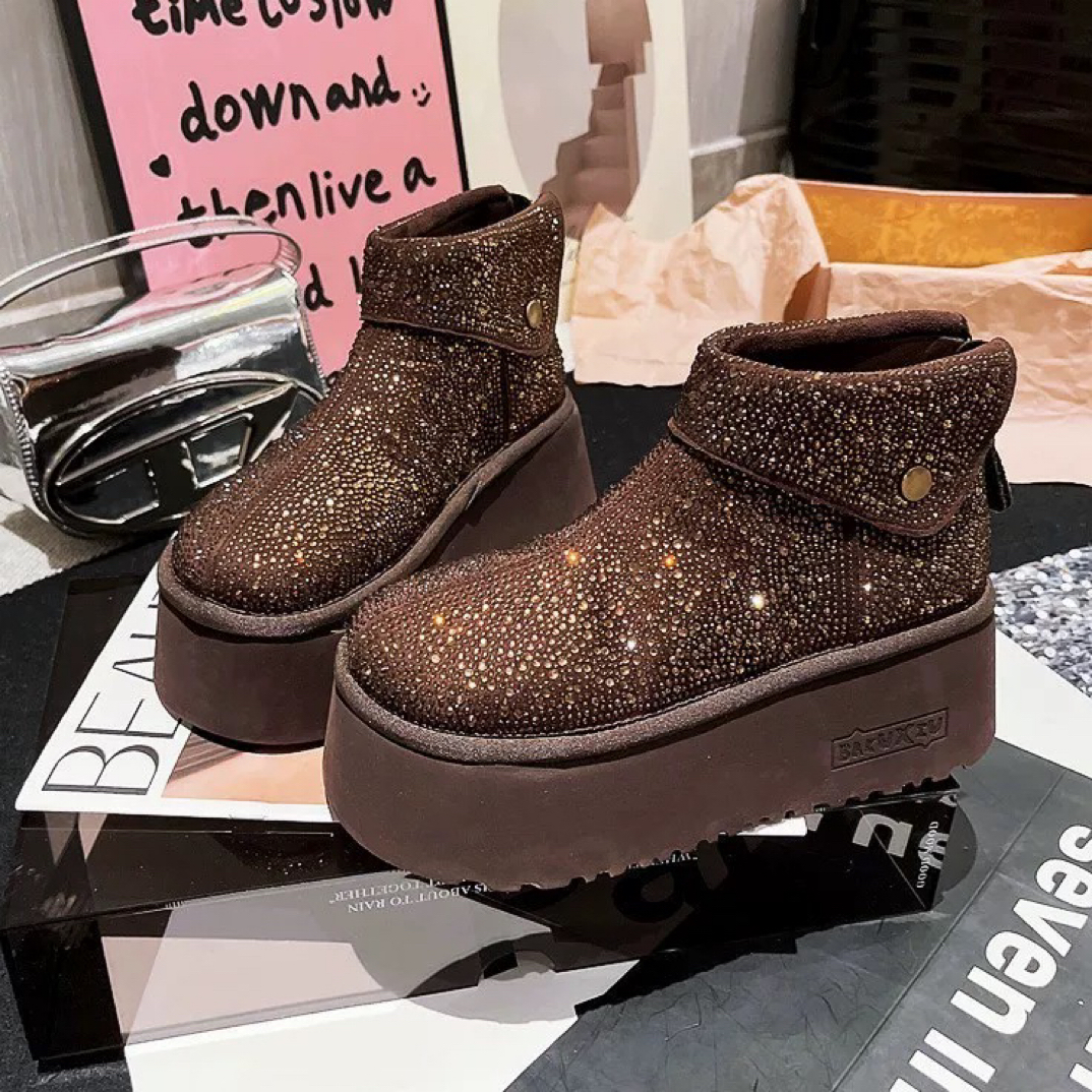 水钻满天星翻领厚底松糕丑萌面包鞋加绒雪地棉靴小个子8厘米短靴