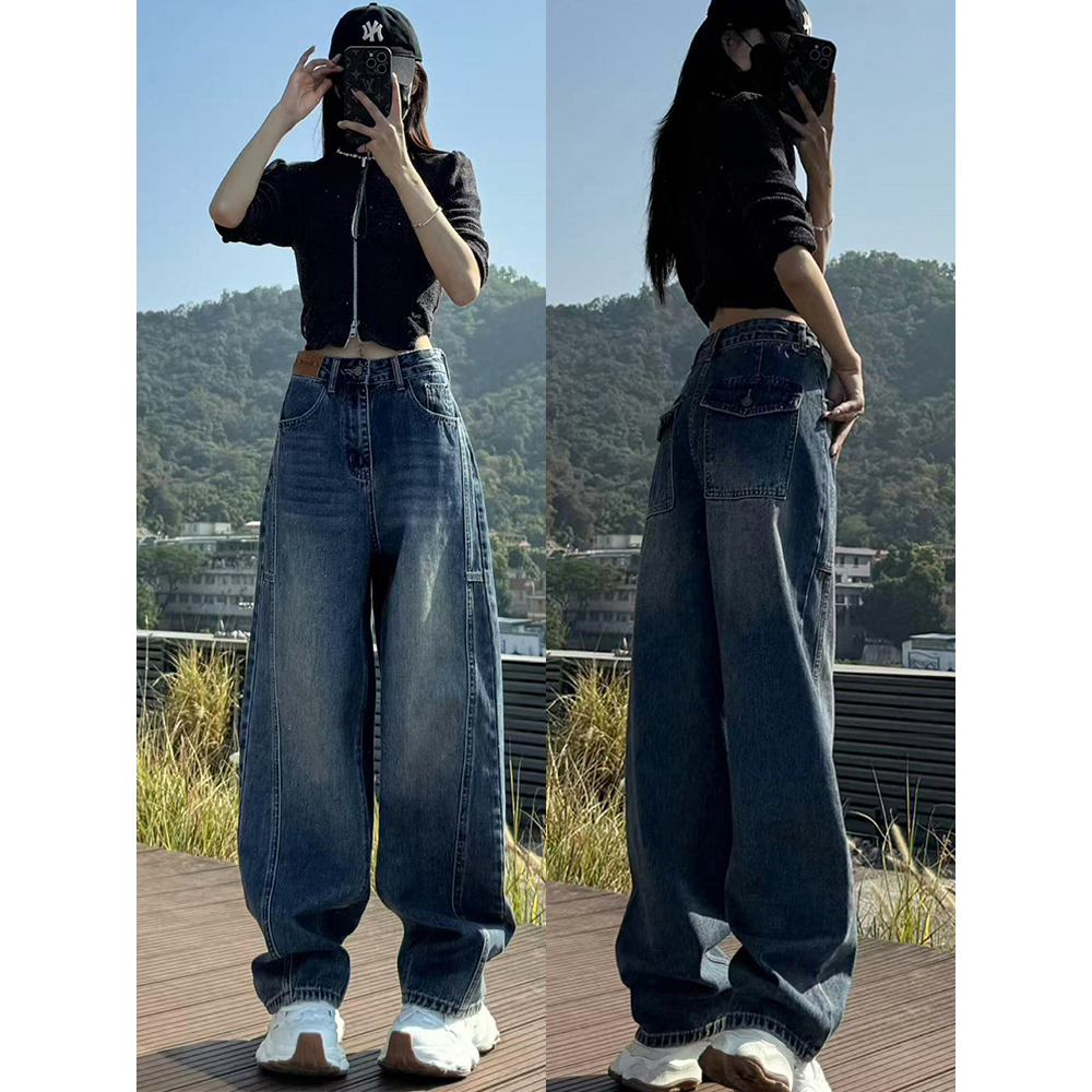 深蓝色复古牛仔裤女秋冬新款镰刀设计宽松弯刀阔腿高个子拖地长裤