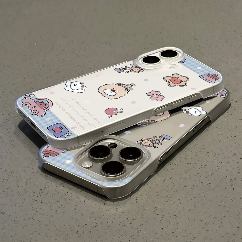 粉车车小熊适用苹果17promax无边框iPhone16透明15手机壳14个性13