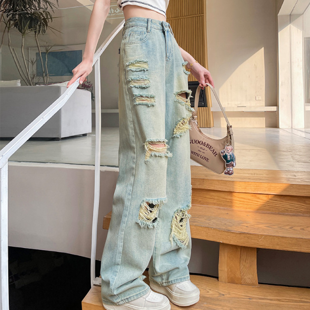 破洞直筒牛仔裤女2025年夏季新款时髦设计感宽松辣妹乞丐阔腿长裤