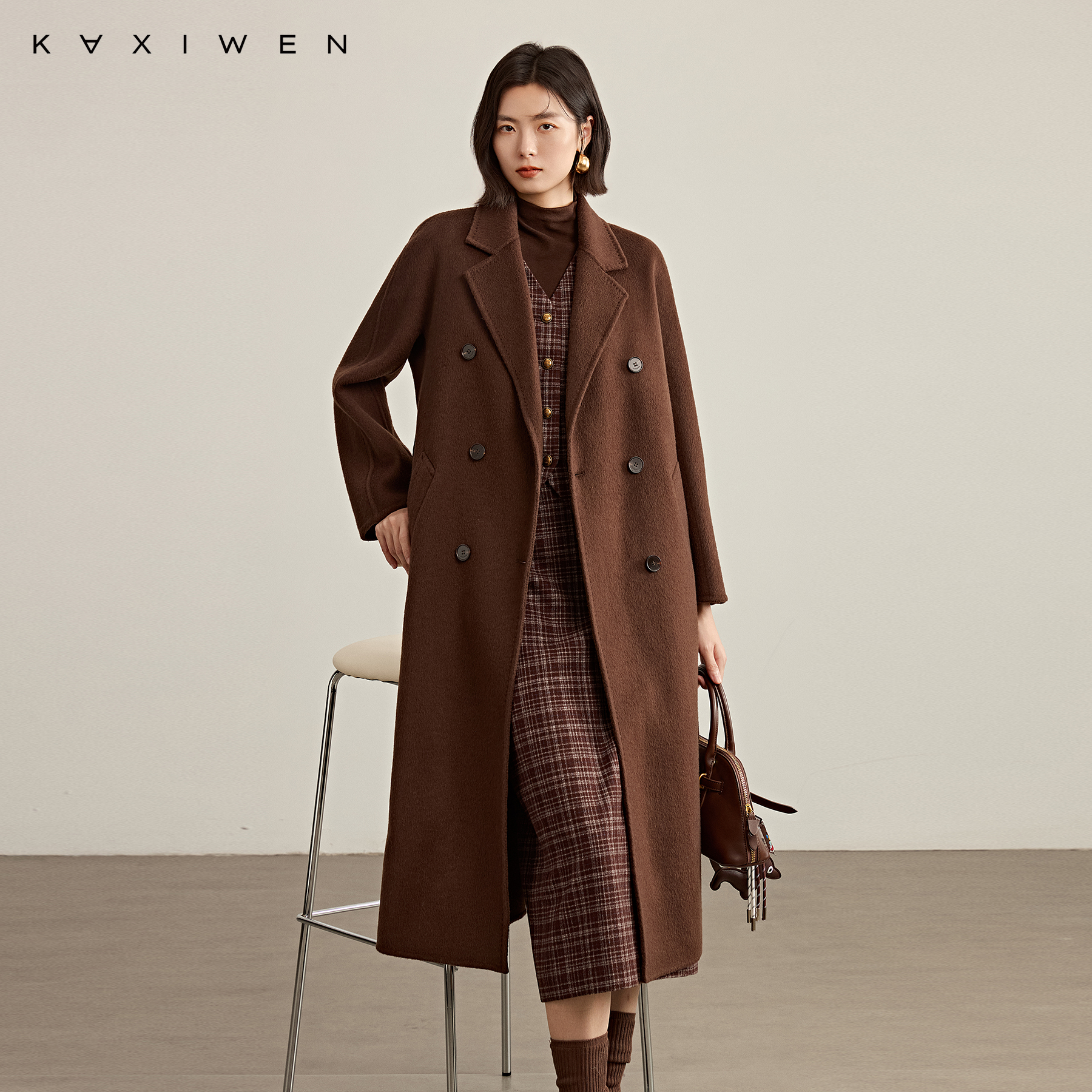 佧茜文双面呢羊毛大衣【冬新】知识分子风直筒型长款外套D10ADW9004