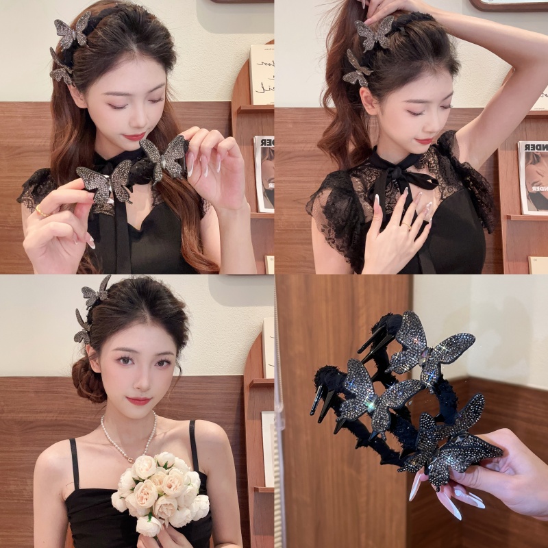 新款轻奢立体满钻蝴蝶齿梳发箍女超闪精致小众高级感头箍发饰
