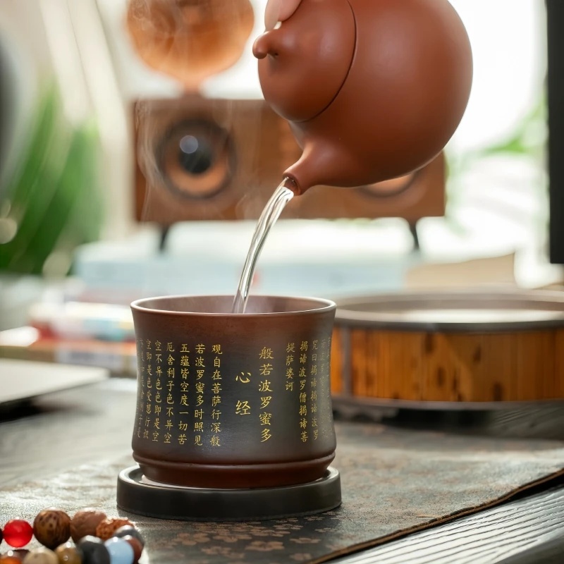 高档新款原矿紫陶描金茶杯家用品茗主人杯高档复古主人杯单杯茶杯