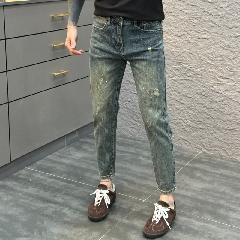秋季潮牌破洞星空烫钻牛仔裤男士复古时尚修身潮流弹力小脚休闲裤