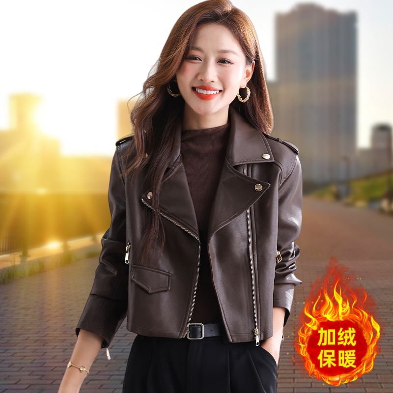 加绒皮衣外套女款爆款秋冬2025新款洋气休闲短款加厚保暖pu皮夹克