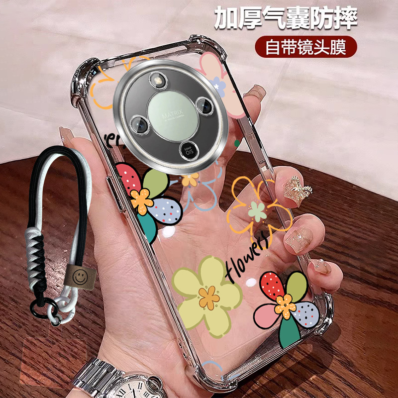 公主风适用荣耀x70手机壳四角防摔软壳X70全包带镜头膜花朵时尚女