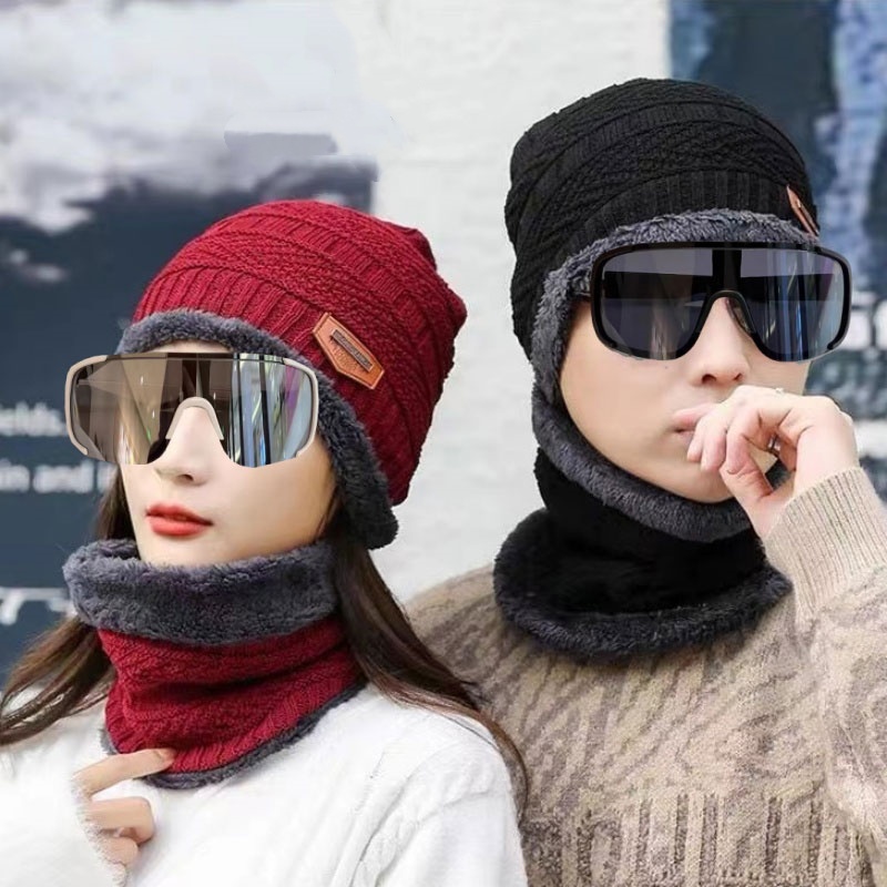 秋冬加绒帽子套装防风帽保暖帽男女出行滑雪针织帽冬天骑行防风镜