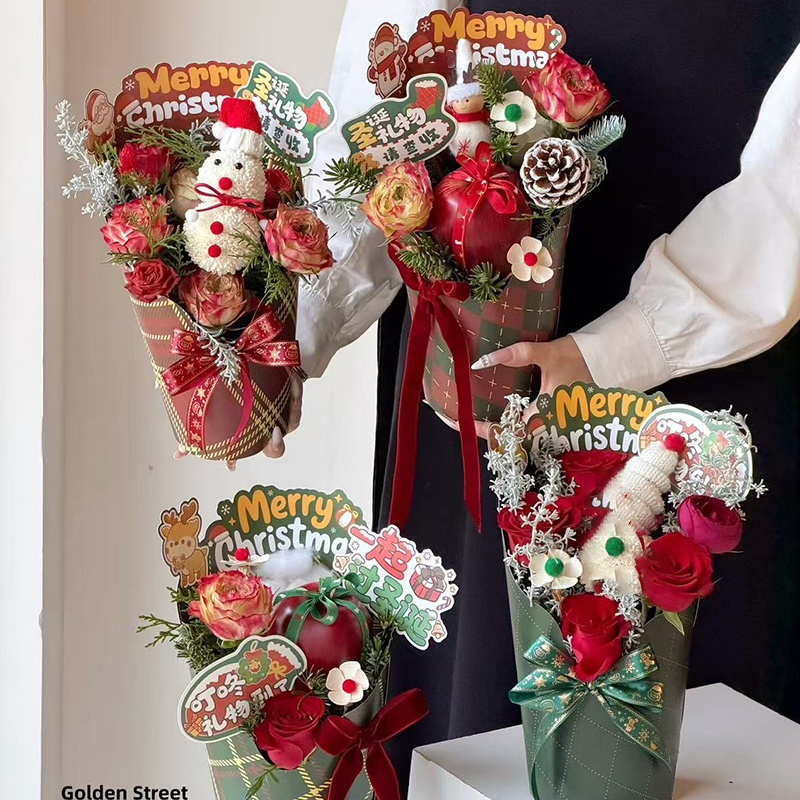 【星语】圣诞节平安夜苹果圆盒手提盒鲜花束插花盒礼物礼品包装盒