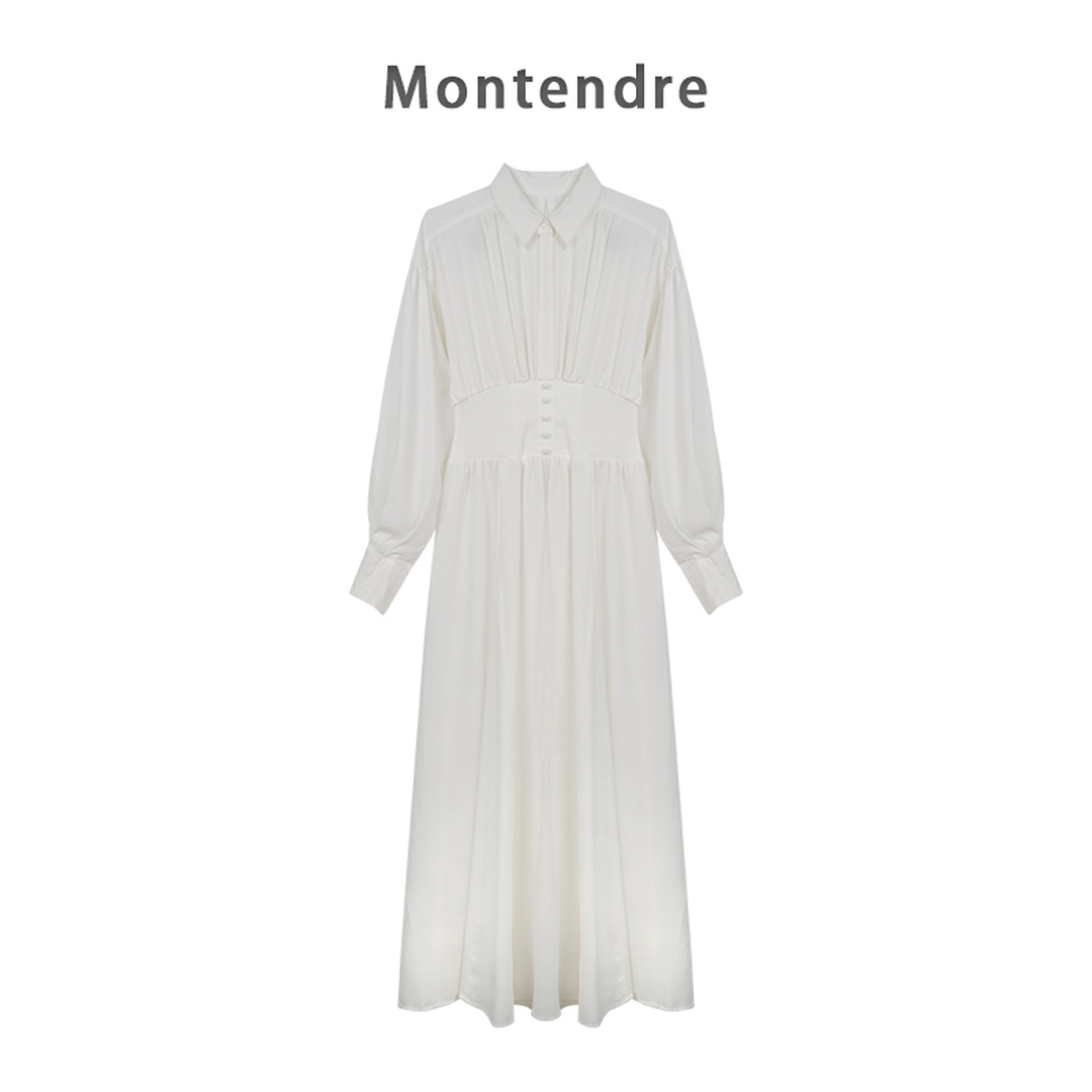 【MonTendre】 秋季新款 C 纯色洋气翻领收腰显瘦长袖连衣裙长裙