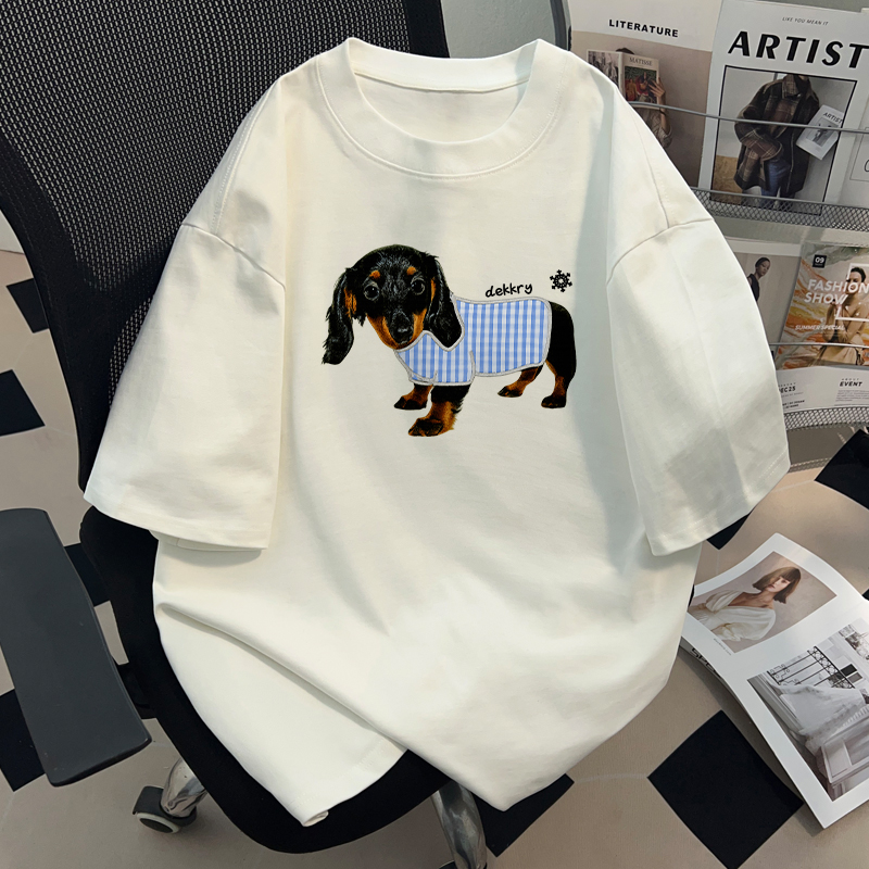 jtrt美式高街重磅纯棉圆领夏季潮牌小狗印花短袖T恤男女款上衣ins