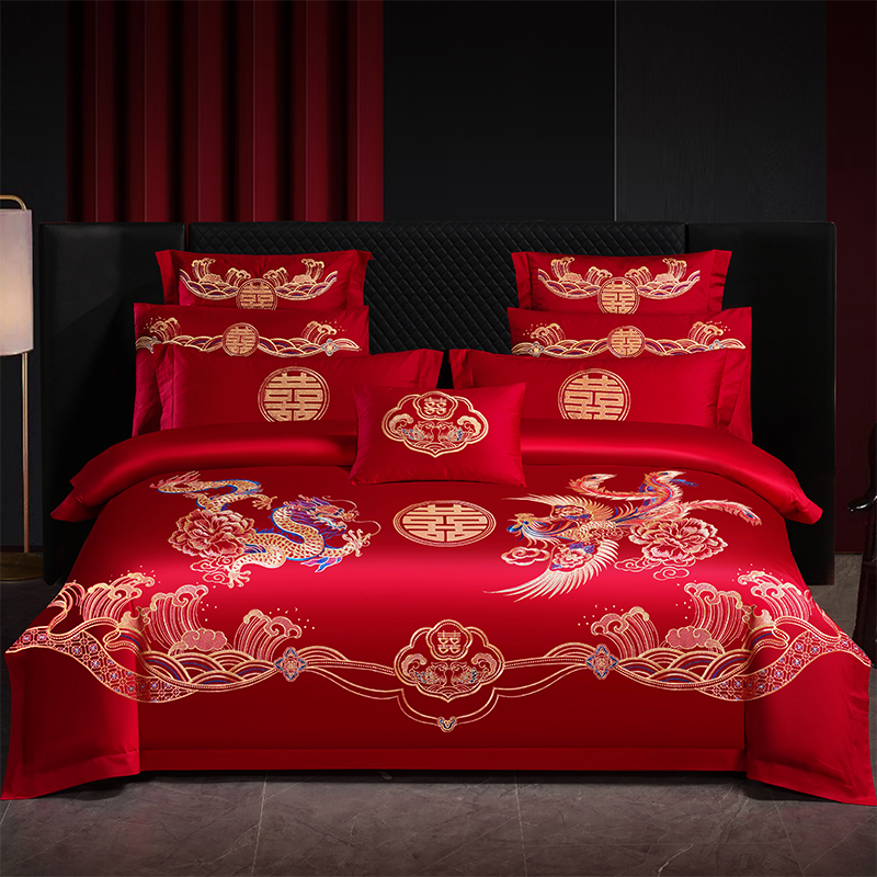 高档中式结婚四件套全棉喜庆结婚龙凤床上用品纯棉被套婚庆六件套