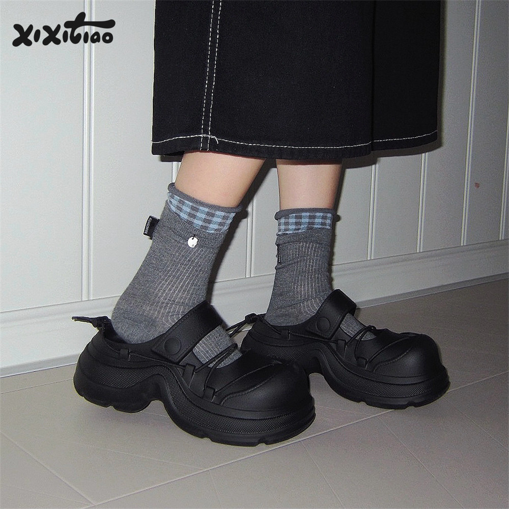 细细条 夏季时尚街头风系带半拖鞋增高厚底防滑个性女士洞洞鞋ins