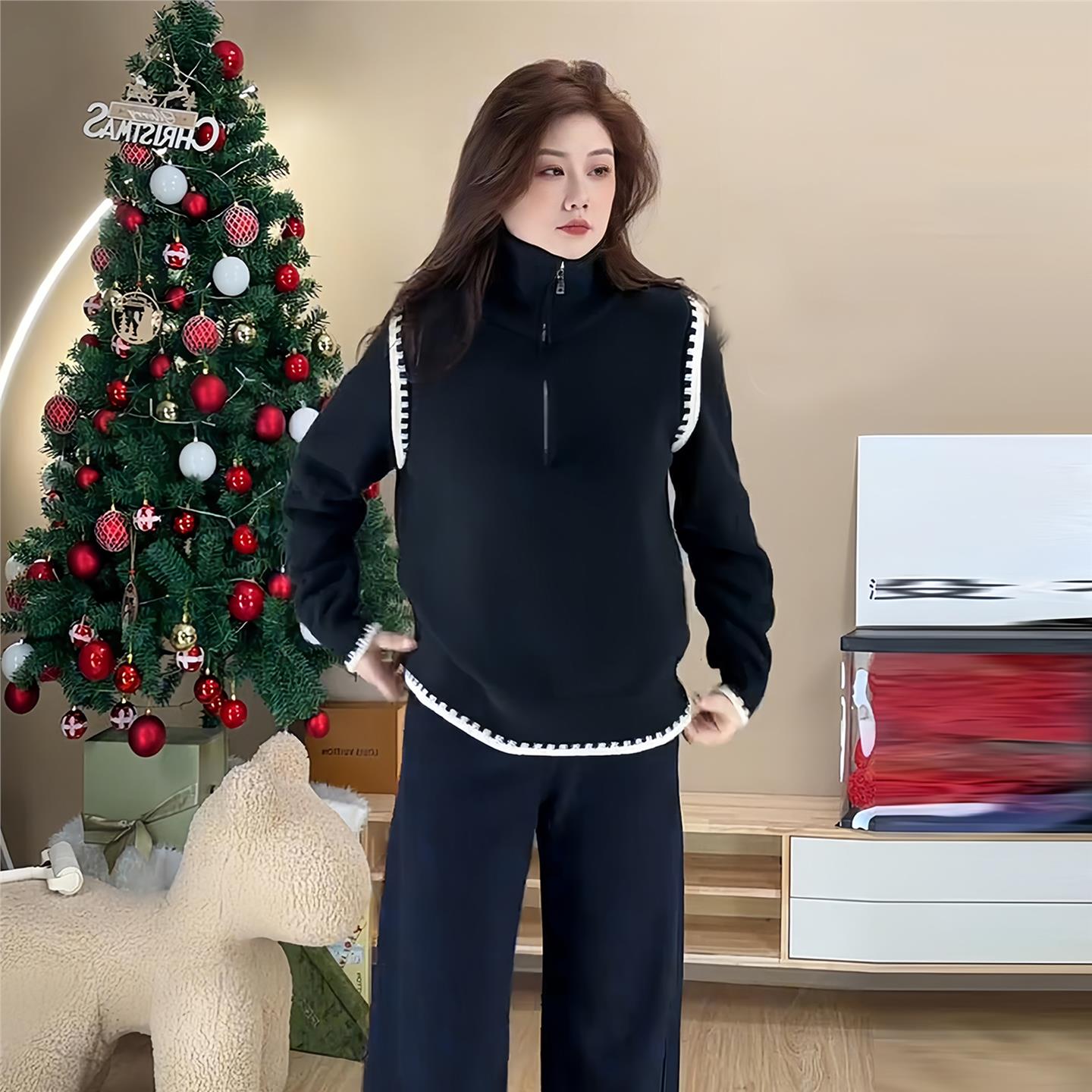 大码学院风半拉链针织衫女秋冬胖mm显瘦长袖立领宽松毛衣小众上衣