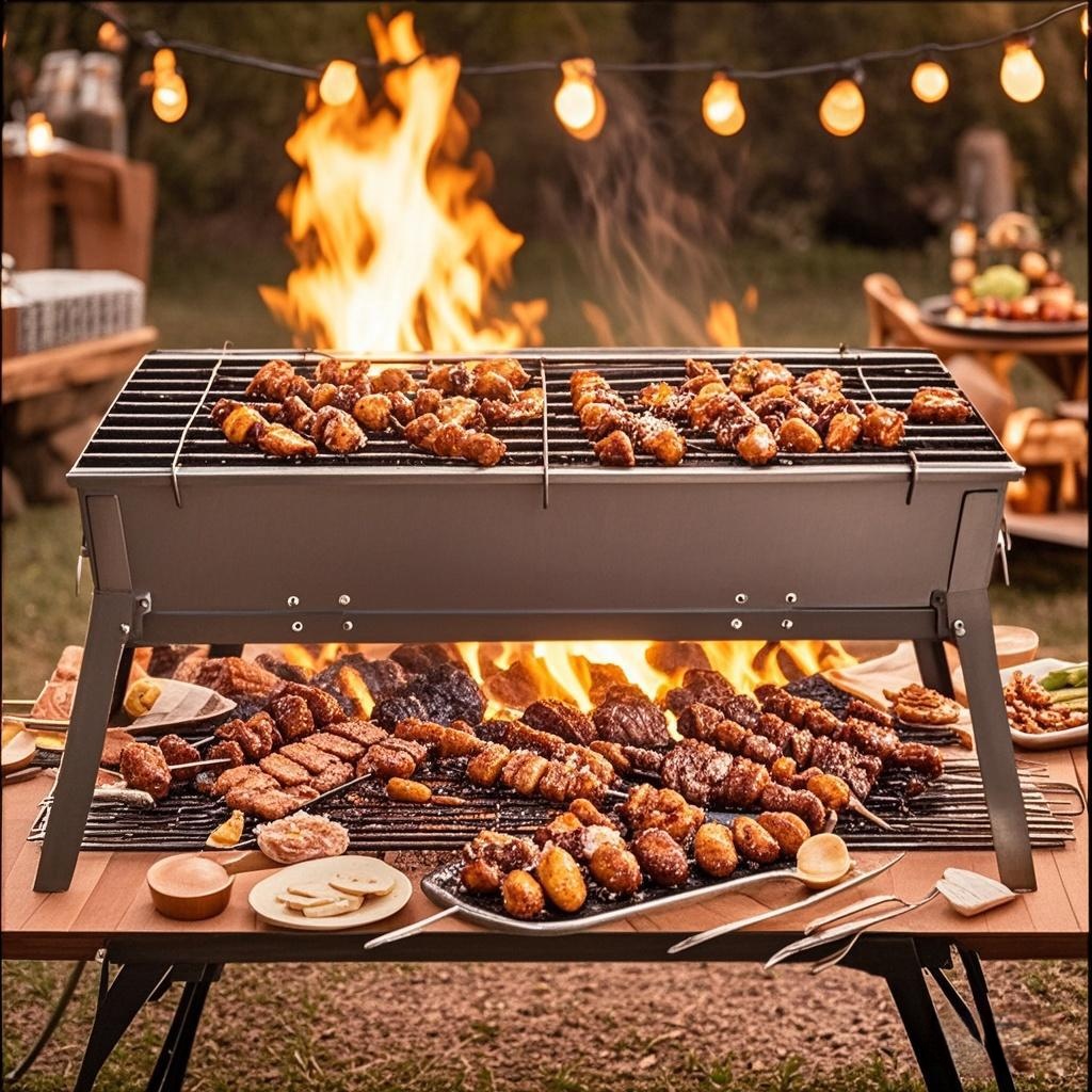 2025款加高加厚折叠烧烤炉户外便携碳烤炉家用碳钢烧烤架工厂直播