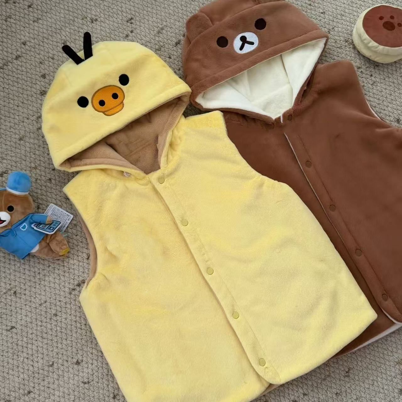 自制宅萌系轻松熊鼻孔鸡熊妹熊弟双面穿仿兔毛叠穿毛绒背心马甲女