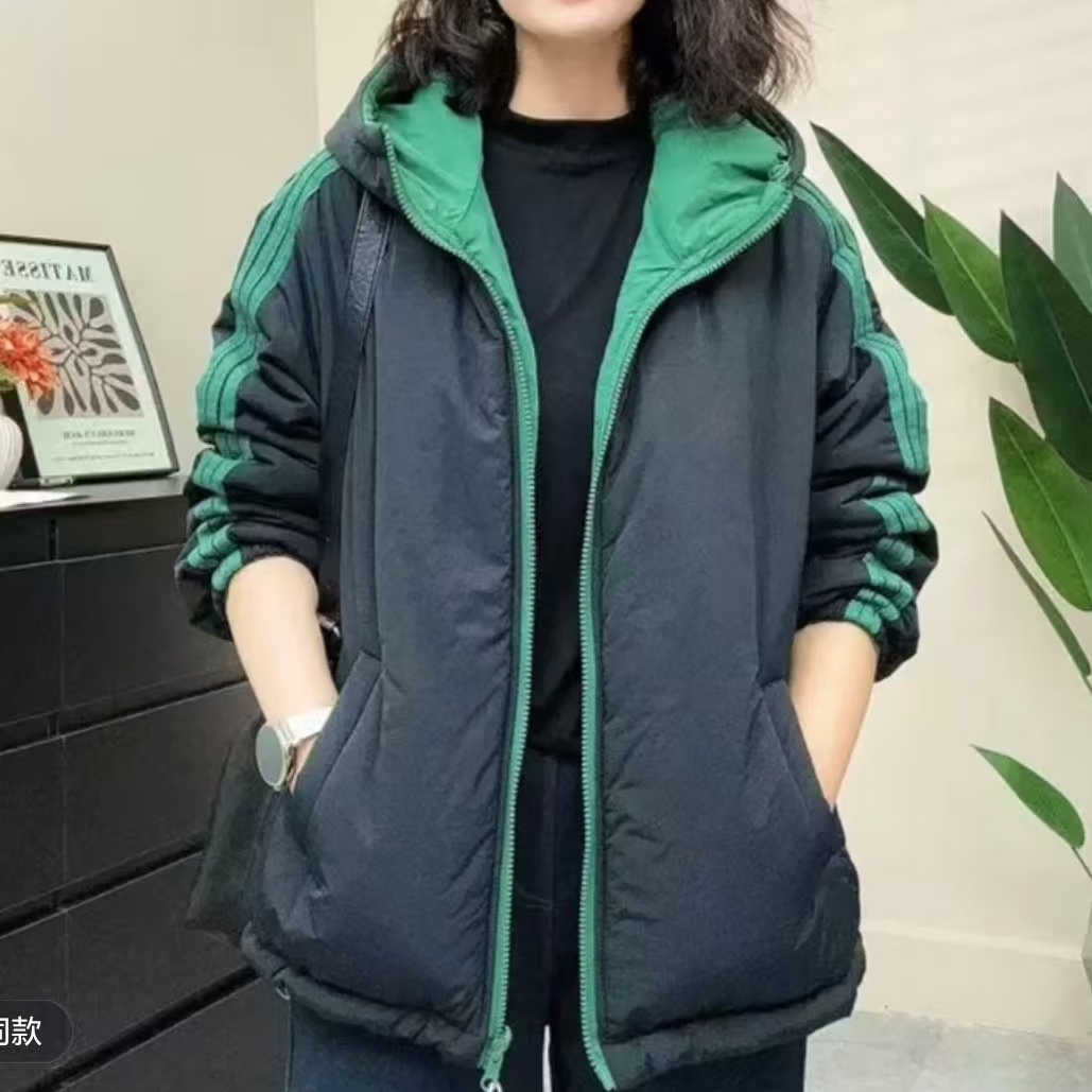 [两面穿棉衣]冬季新款时尚休闲百搭棉衣连帽纯色保暖女士棉服