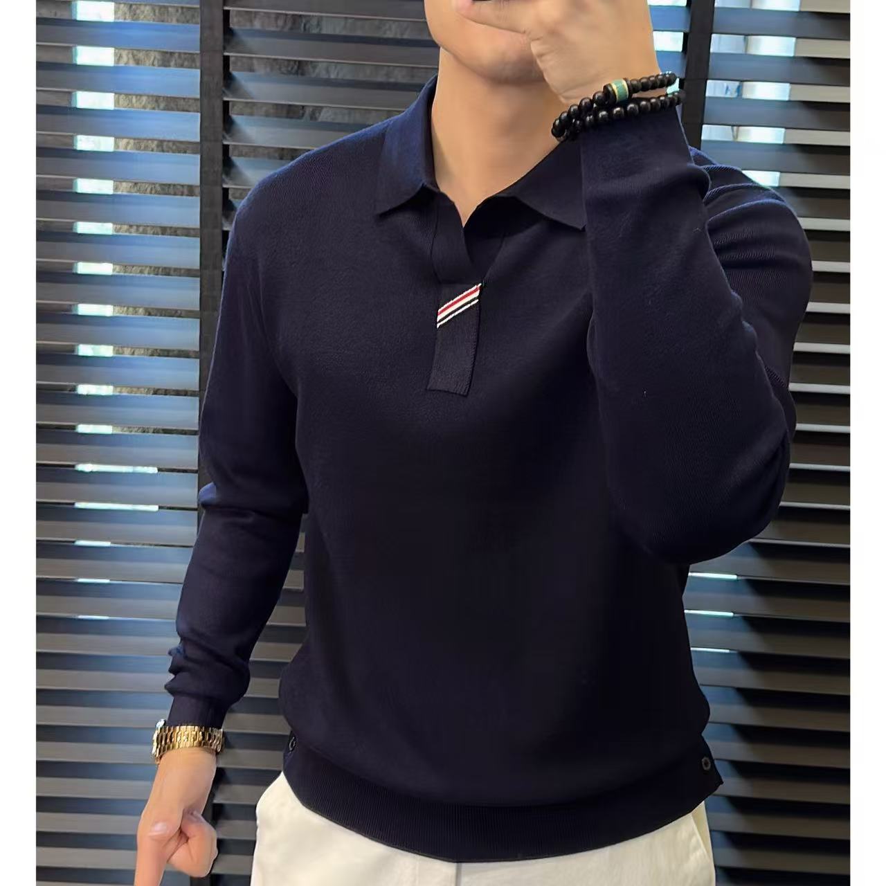 25秋季新款男士长袖翻领Polo衫针织打底衫加厚毛衣时尚百搭商务潮