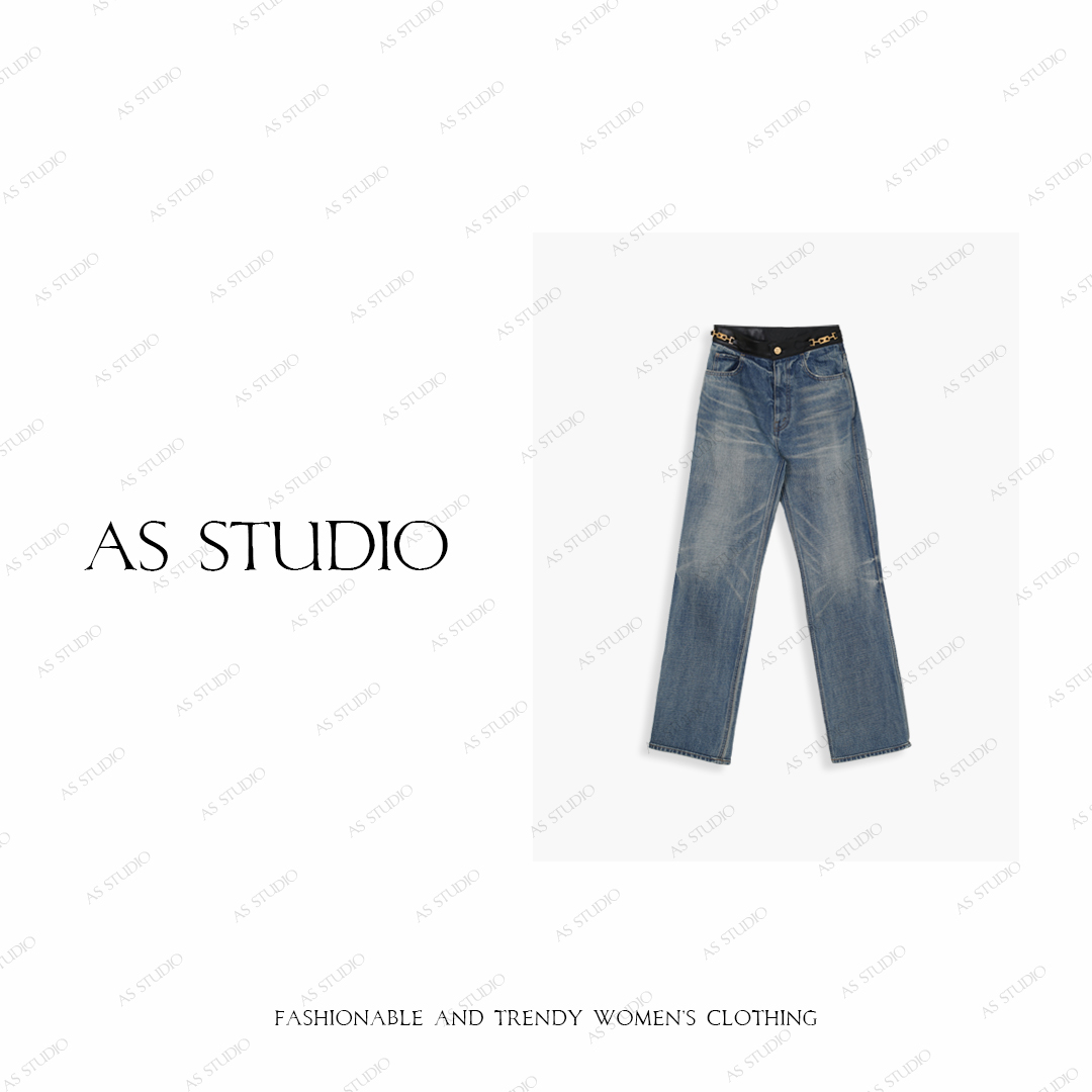 【AS皮腰链】25新定制经典腰部链条拼皮休闲牛仔裤AS25QNZK00248