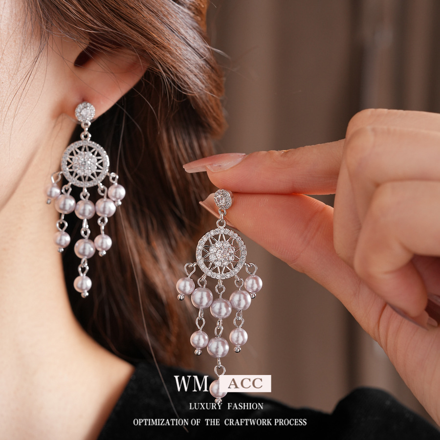 不锈钢仿珍珠耳饰 银针锆石流苏施家珍珠耳钉百搭高级感耳环法式