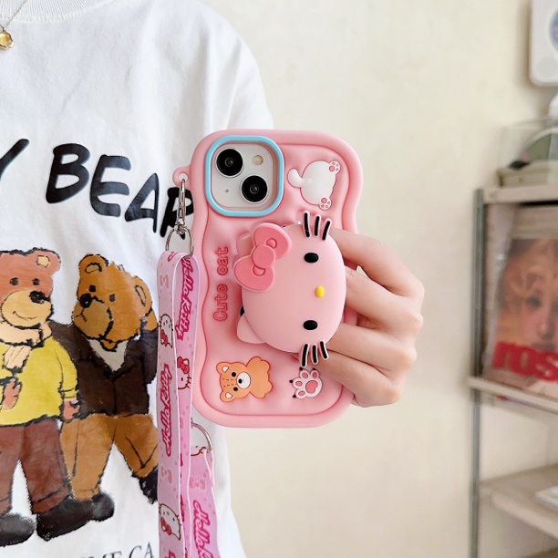 苹果｜支架KT猫斜挎黑煤球适用iPhone16可爱卡通女款软硅胶手机壳