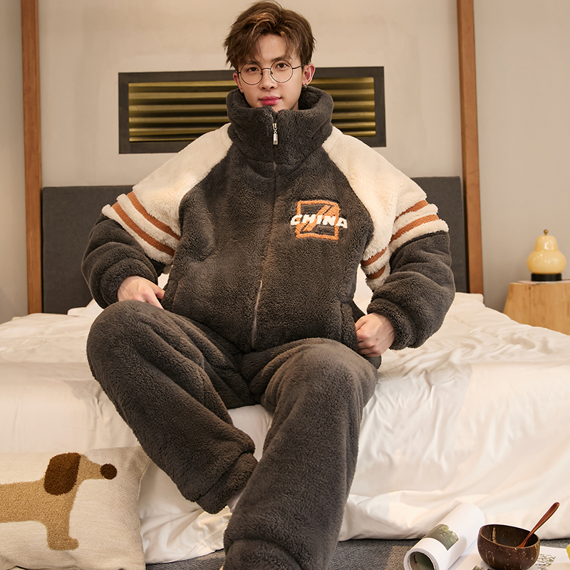 睡衣男冬2025秋冬加厚加绒冬季简约珊瑚绒家居服套装可外穿法兰绒