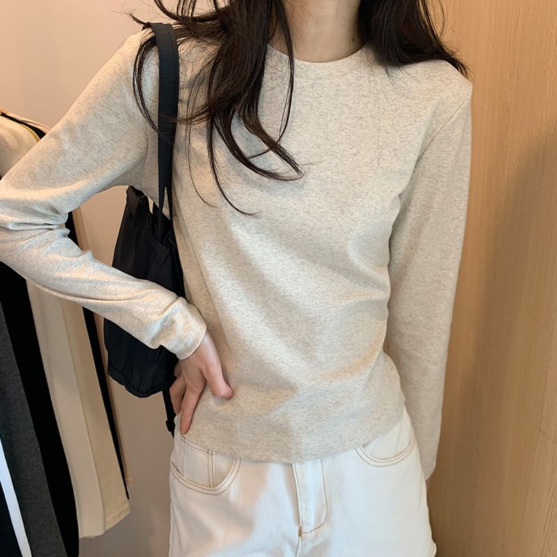 棉质圆领打底衫女春秋季新款叠穿内搭修身百搭长袖t恤上衣女P900