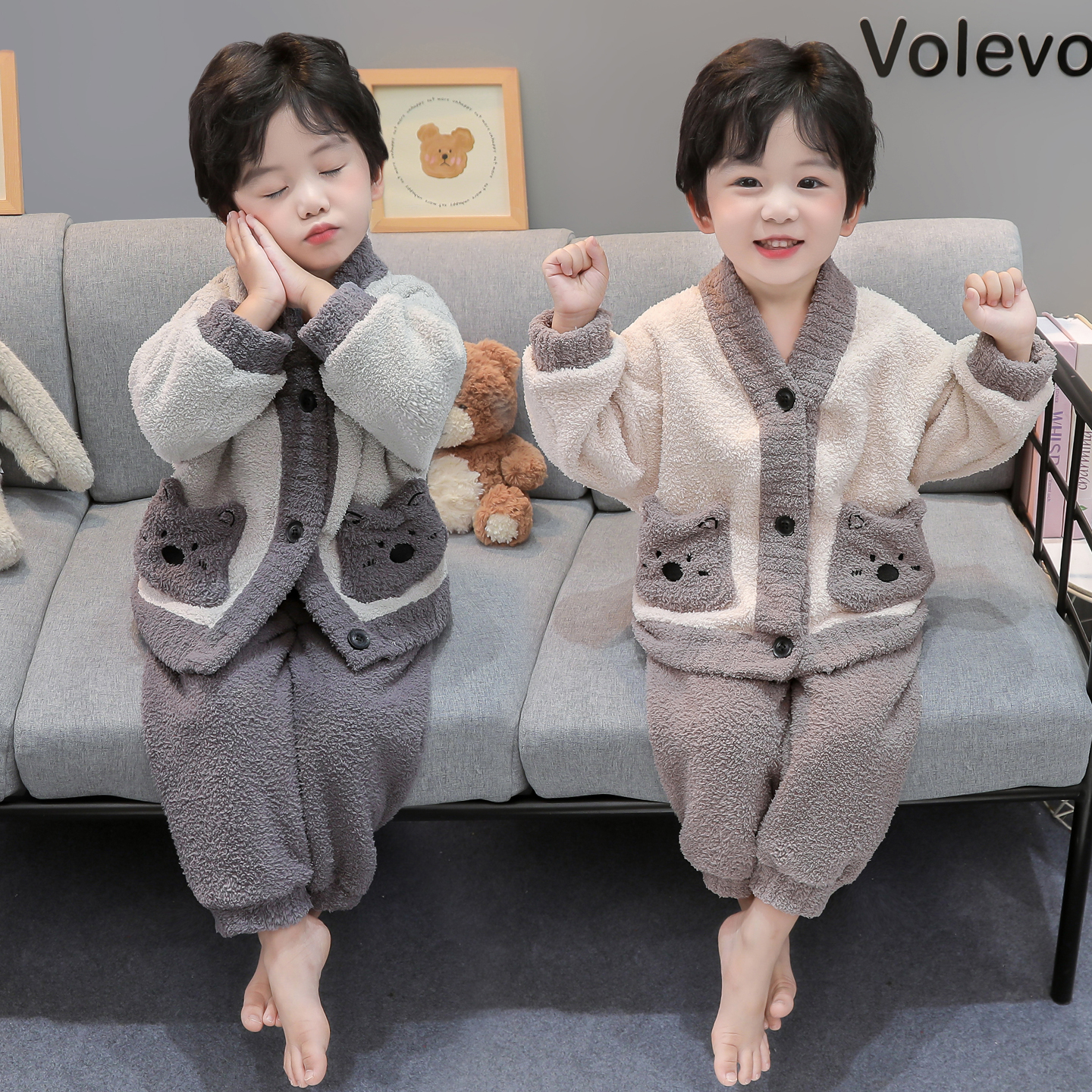 男童法兰绒睡衣秋冬款男孩宝宝冬季保暖开衫套装儿童珊瑚绒家居服