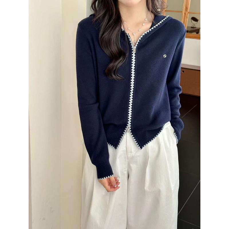 拉链撞色连帽针织开衫女2025秋季新款韩范设计感宽松上衣