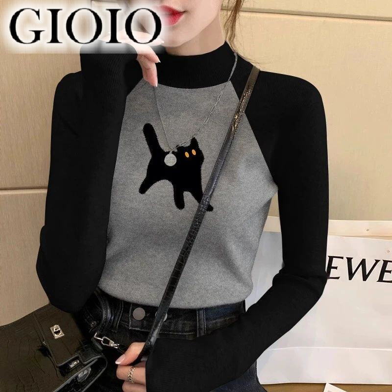GIOIO长袖2025打底衫针织衫美式春季显瘦百搭半高领拼接加厚款磨