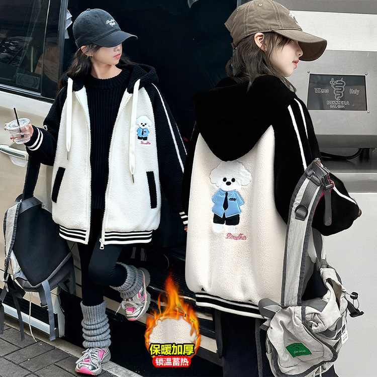 女童加厚毛毛衣秋冬季新款中大童加绒连帽外套小女孩韩版保暖冬装