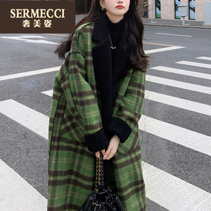 奢美姿设计感格子宽松大衣2025年冬季新款长款加厚毛呢外套