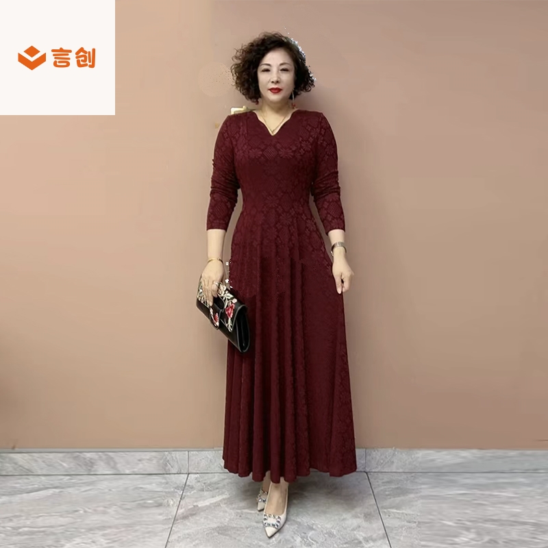 313中老年妈妈装连衣裙春季高弹力显瘦坠感50-60岁长款大摆裙110