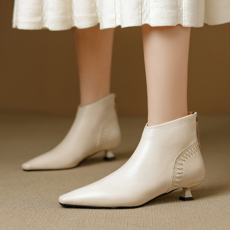 羊皮~3.5cm法式小猫跟真皮短靴尖头细跟短筒及裸靴气质米白色女靴