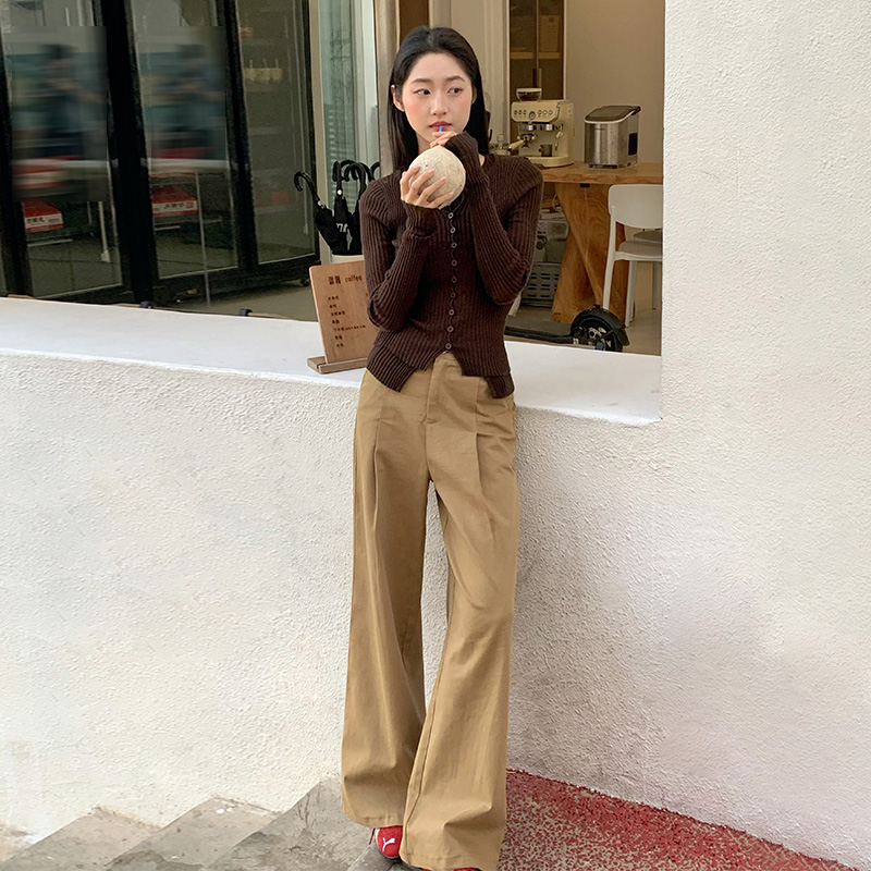 REDR卡其色牛仔裤女2025新款压褶设计感复古直筒阔腿裤子