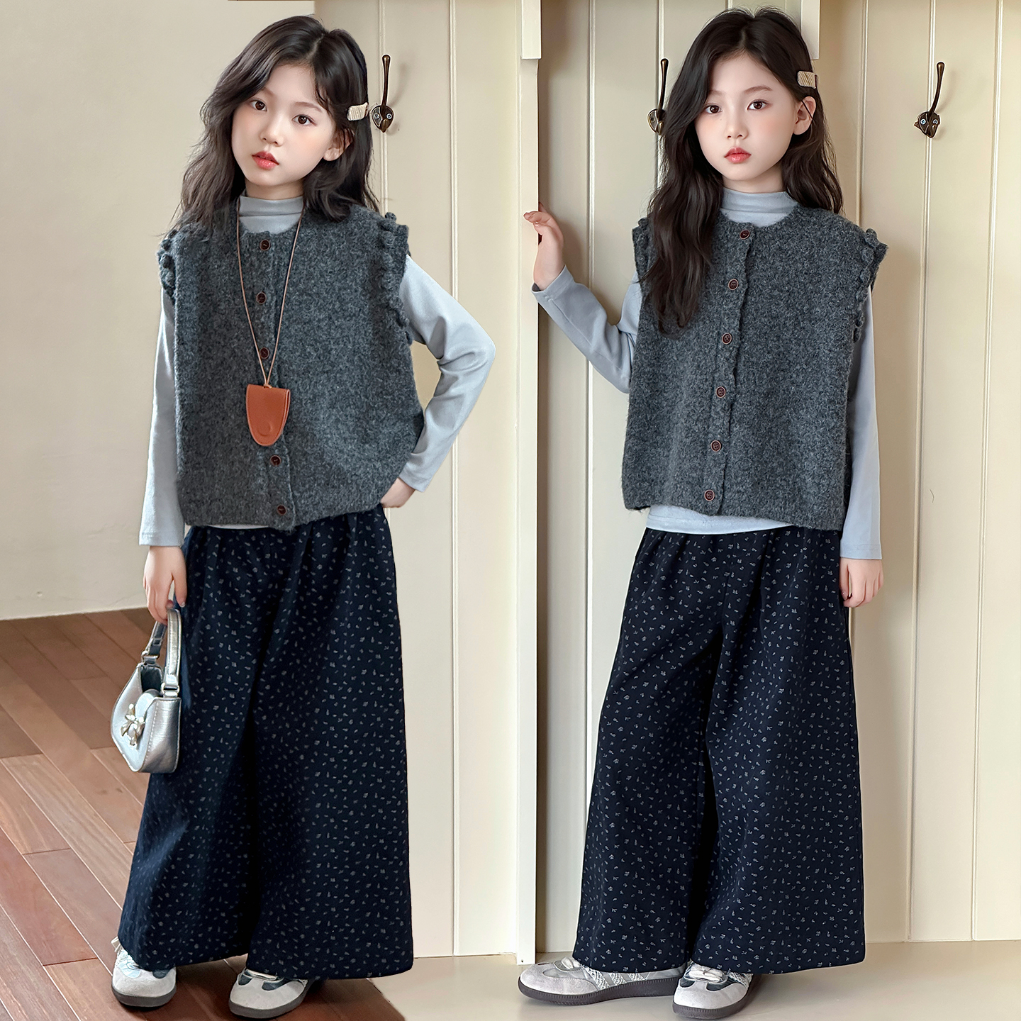 女童秋装套装2025新款中大童潮款针织马甲女孩韩版阔腿裤三件套