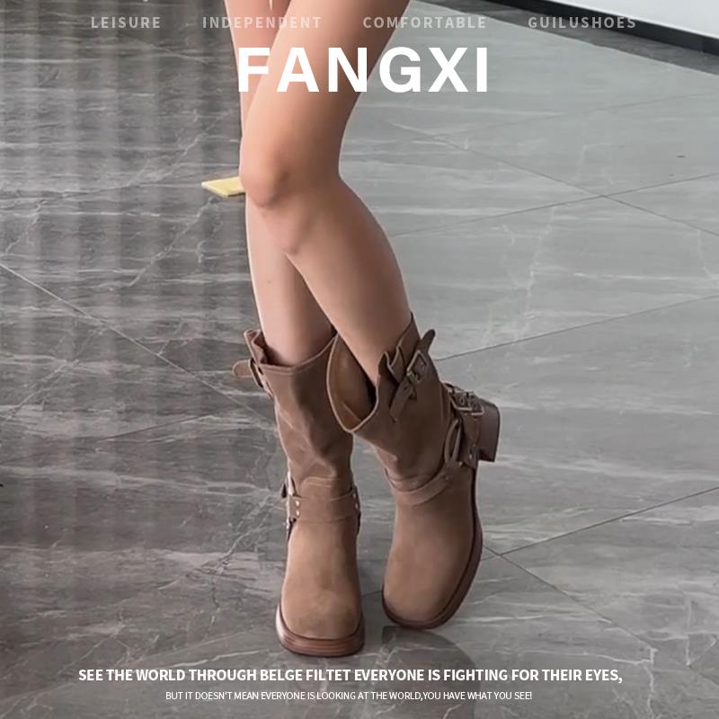 牛皮版~覆古皮带扣骑行靴子高跟中筒马丁靴女粗跟短靴西部牛仔靴