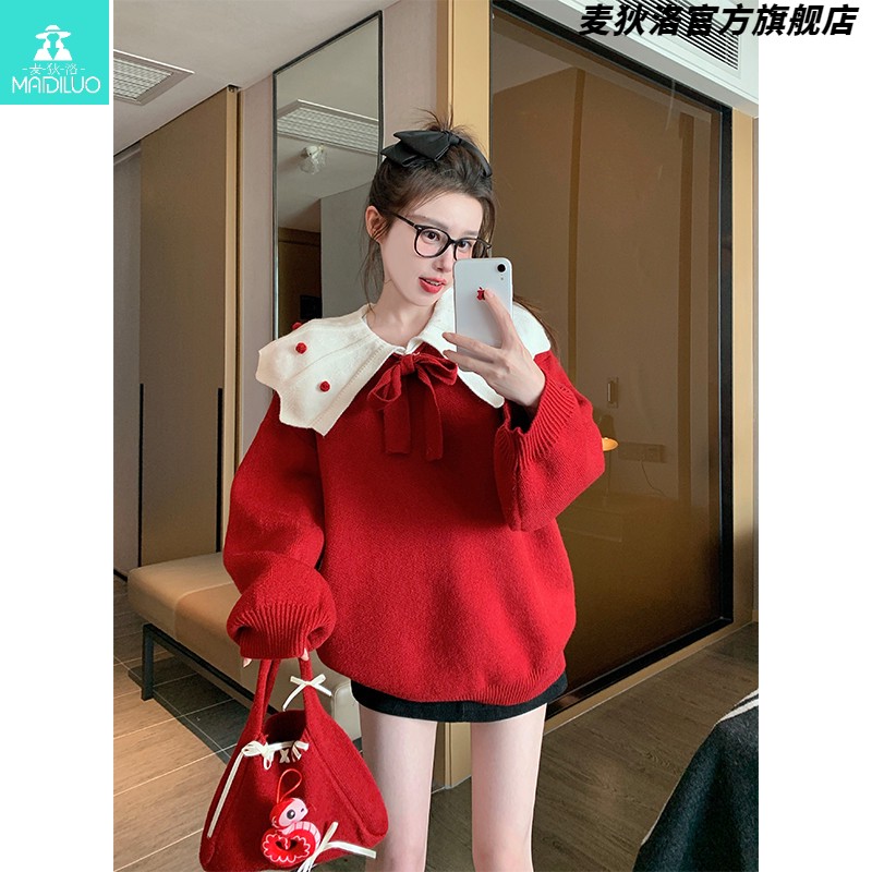 红色新年娃娃领毛衣女冬季加厚甜美减龄软糯慵懒蝴蝶结套头针织衫