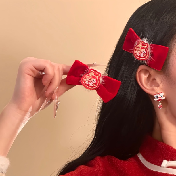 新年红色马上发财蝴蝶结发夹中国风喜庆汉服过年发饰发卡