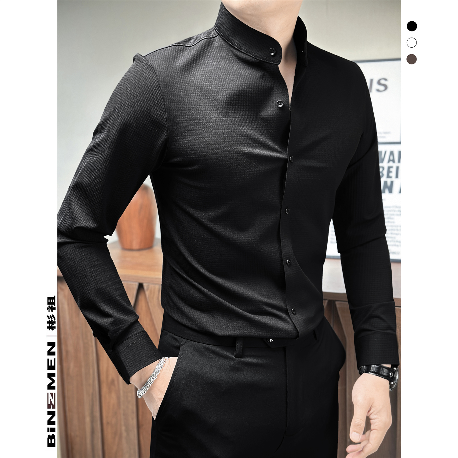 立领华夫格衬衫长袖商务休闲白色正装高级感男装修身上衣格子衬衣