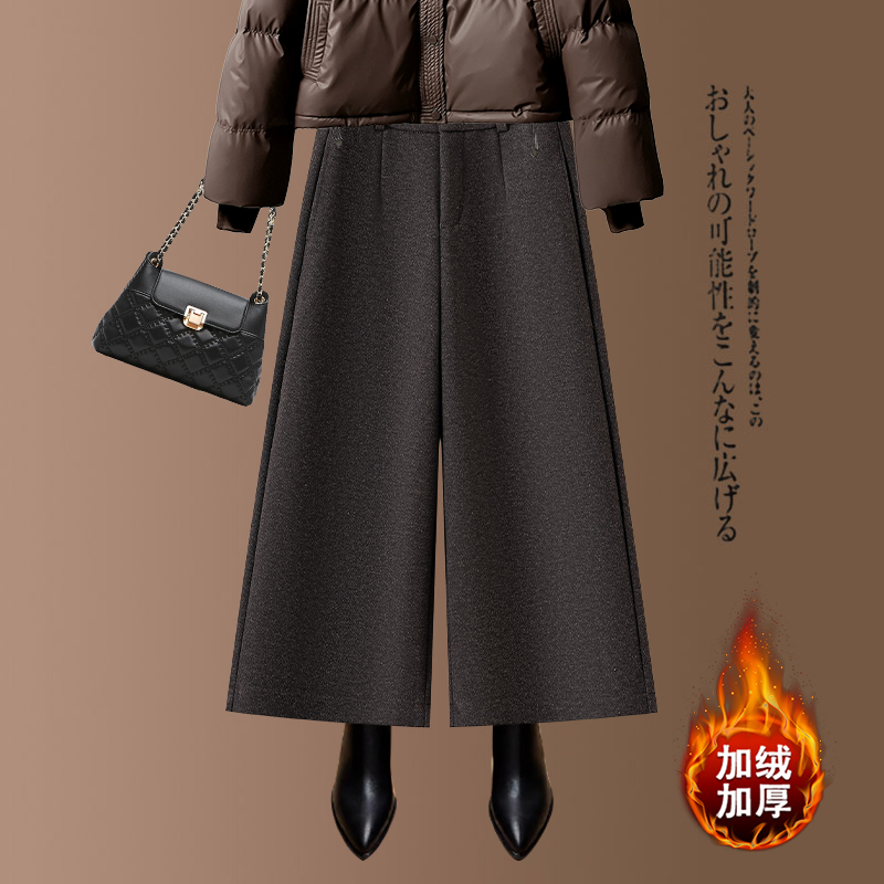 咖色羊毛呢阔腿裤女2025秋冬爆款八分糯米裤加绒加厚九分直筒裤子