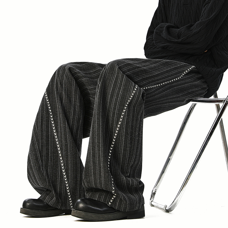 美式条纹拼接休闲裤男小众潮牌缝线弯刀西裤秋季宽松设计感阔腿裤