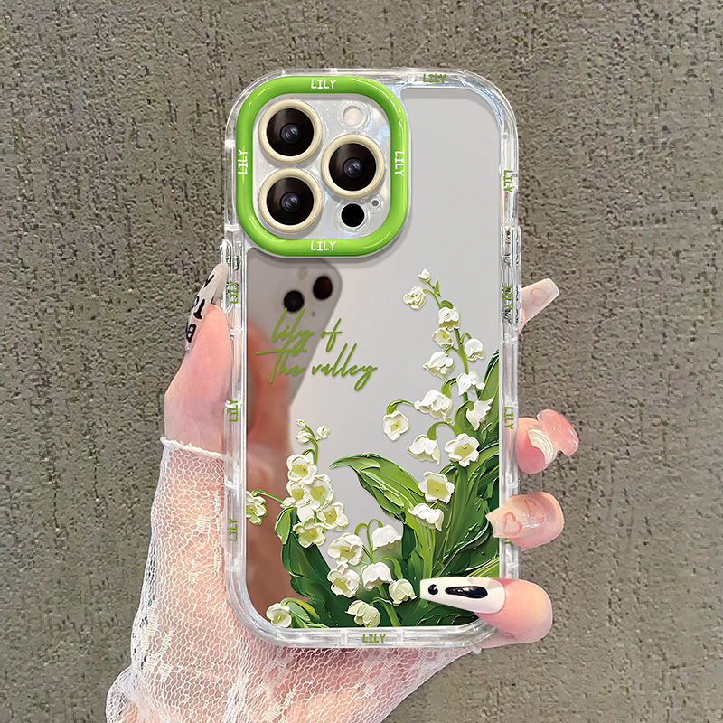 颜料铃兰花适用苹果15vivo华为oppo小米iPhone16镜面奶油壳手机壳