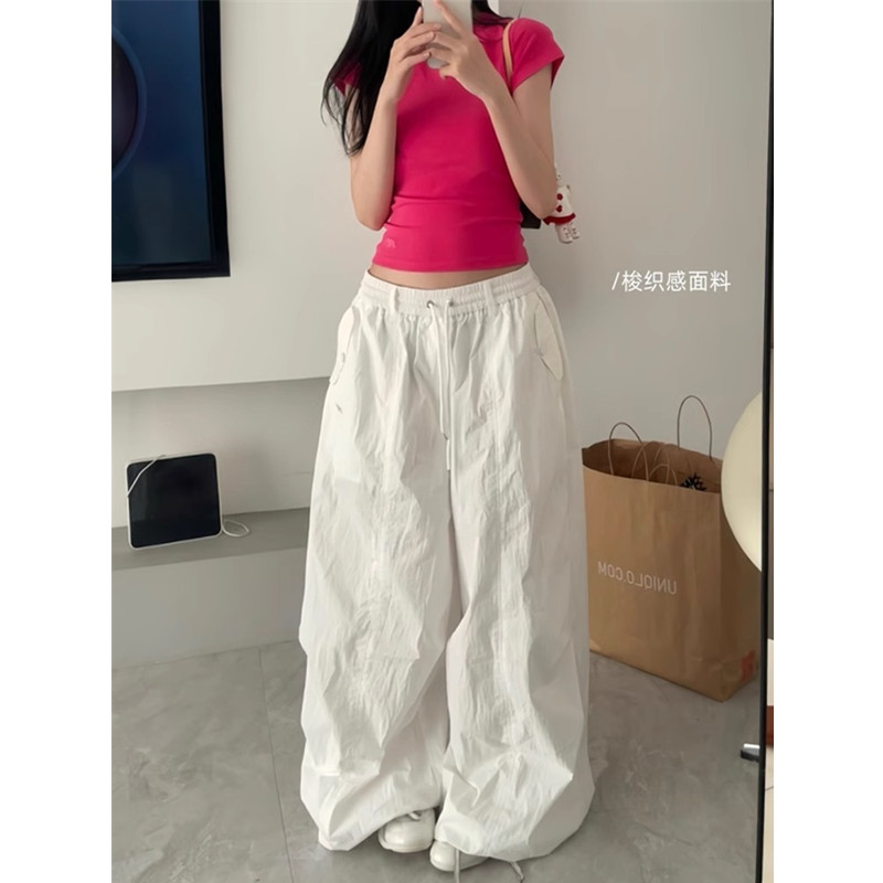 美式复古廓形松紧腰降落伞工装裤女夏季抽绳宽松皱褶口袋休闲裤子